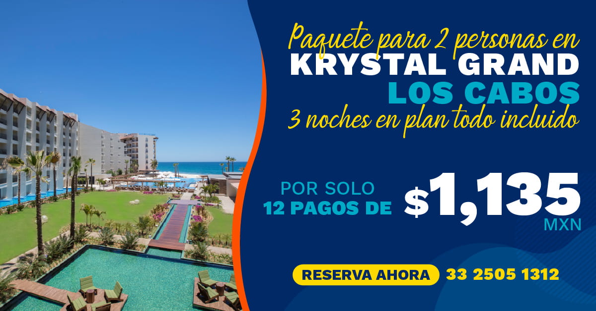 Promoción Krystal Grand Los Cabos para 2 personas con 3 noches en plan Todo Incluido desde 12 pagos de $1,135 MXN.